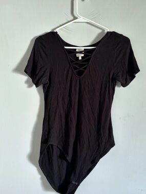 Self Esteem Black Short-Sleeve Crisscross V-Neck Bodysuit